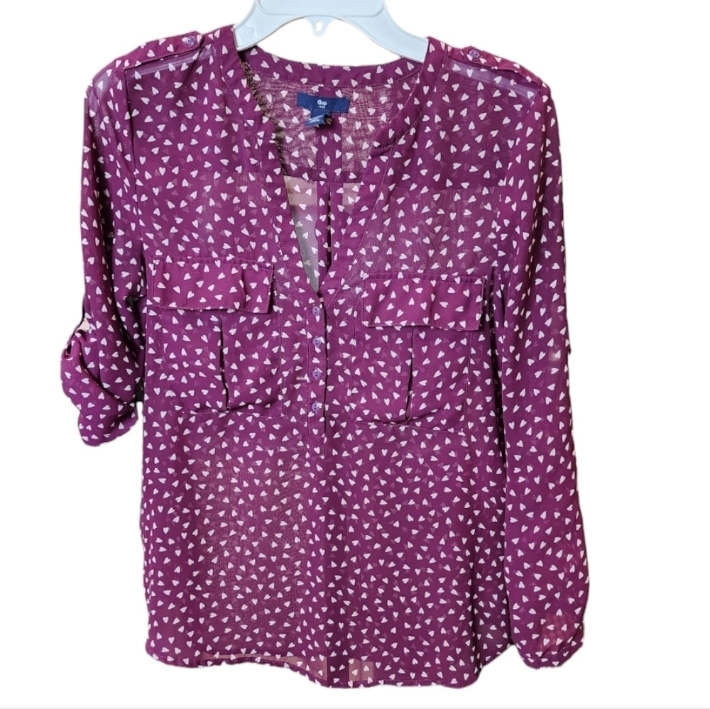 GAP Maroon and White Heart Sheer Blouse With Roll Tab Sleeves, Size XS